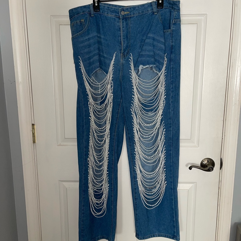 Blue Jeans with White Beaded Fringe
